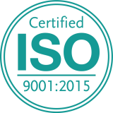 A logo announcing “Certified ISO 9001:2015” appears in teal font within a teal circle.