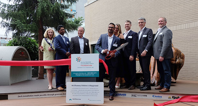 McElhanneyChildrensPlayground_SMH_RibbonCutting The ribbon cutting at Surrey Memorial Hospital for the grand opening of the McElhanney Children's Playground