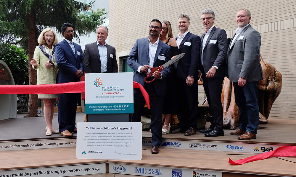 The ribbon cutting at Surrey Memorial Hospital for the grand opening of the McElhanney Children's Playground