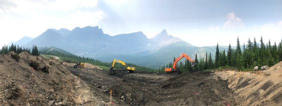 Two excavators working in a cleared mountain area surrounded by forest, with rugged peaks in the background.