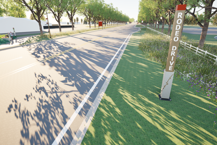Conceptual rendering of Rodeo Drive in Ponoka, showing a tree-lined roadway with enhanced boulevards, active transportation facilities, native landscaping, and a wayfinding sign.