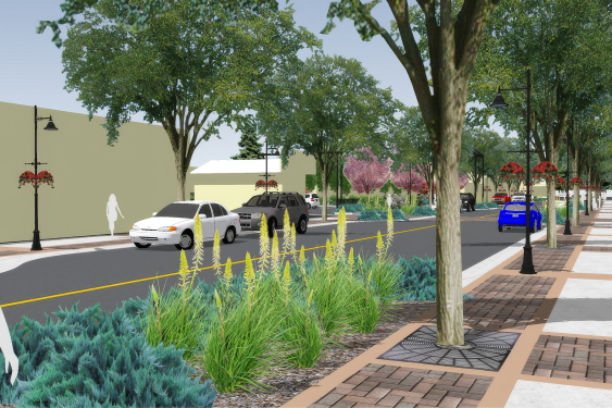 Concept rendering of a tree-lined downtown street in Ponoka featuring widened sidewalks, landscaping, pedestrian amenities, traffic-calmed roadways, and public realm improvements.