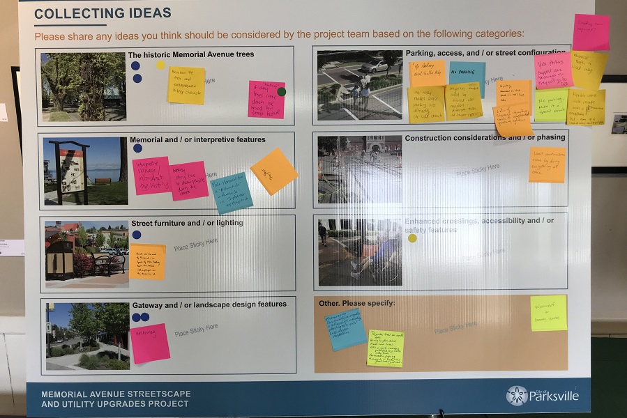 A poster board displays project information. Coloured sticky notes with hand-written comments are scattered across the posterboard.