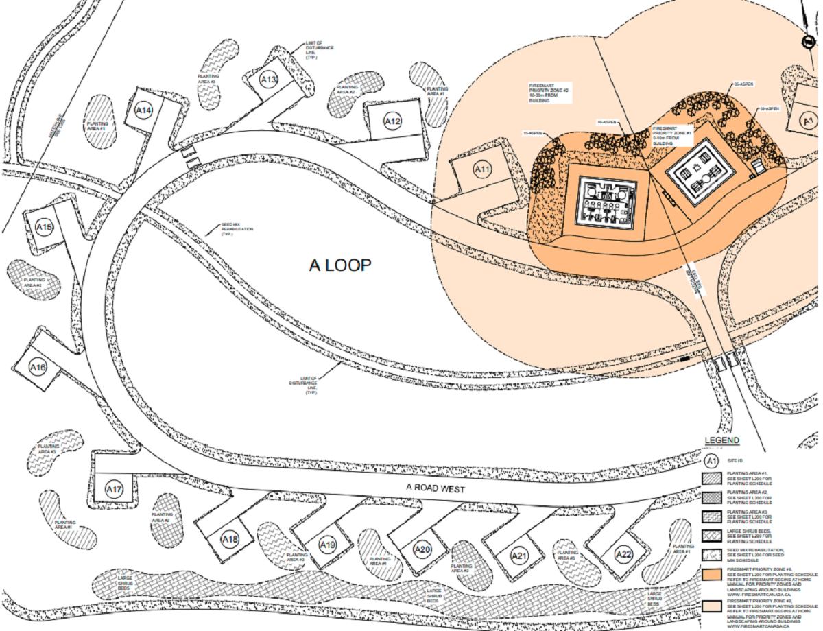 A black and white engineering drawing of a campsites situated on a looping road. Two orange-shaded, concentric circles surrounded the structures in the drawing.