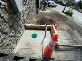 Installation of new concrete pad for mechanical seismic valve, used to isolate cell 1 and cell 2 in an earthquake scenario.