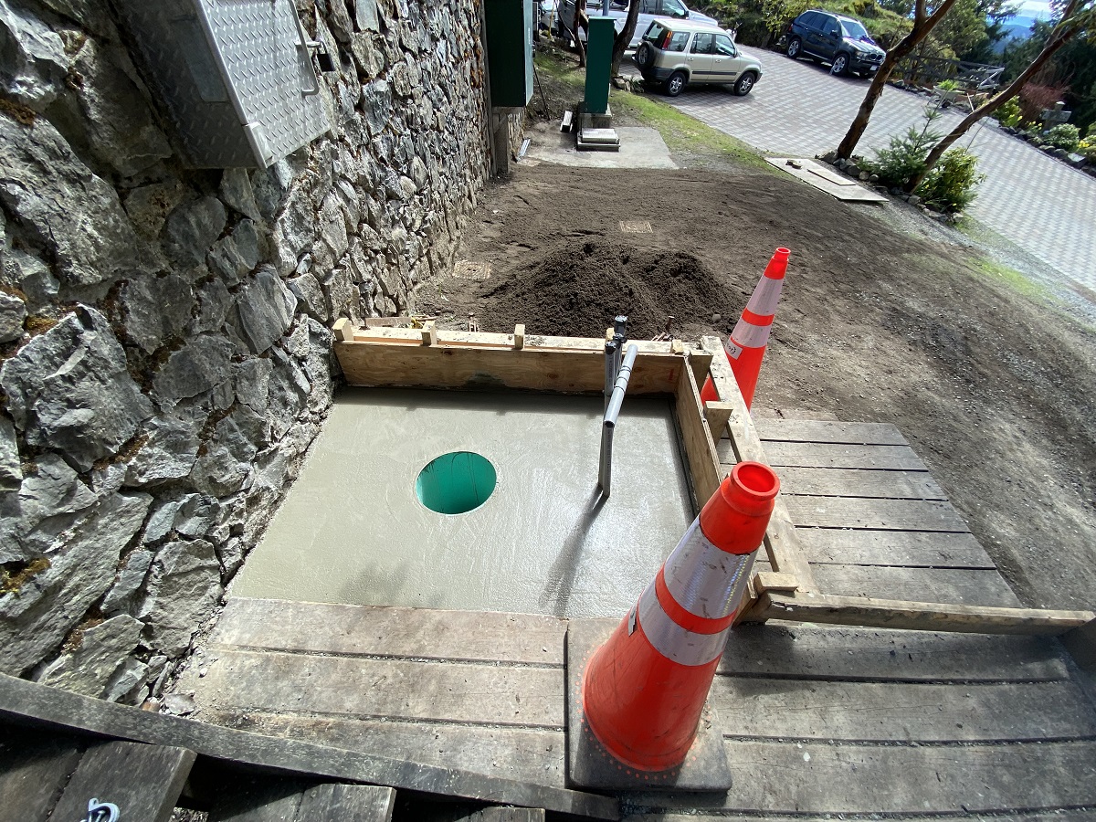Installation of new concrete pad for mechanical seismic valve, used to isolate cell 1 and cell 2 in an earthquake scenario.
