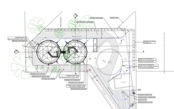 Engineered drawings showing an aerial view of the reservoirs and pump station at Eagle Heights.