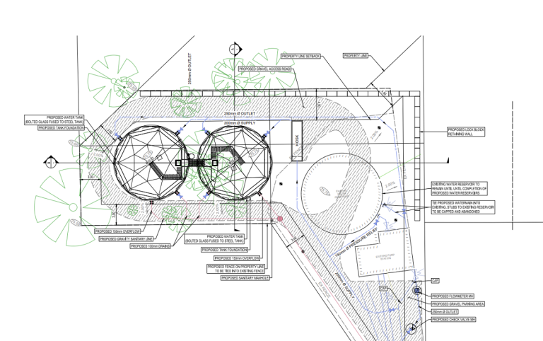 Engineered drawings showing an aerial view of the reservoirs and pump station at Eagle Heights.