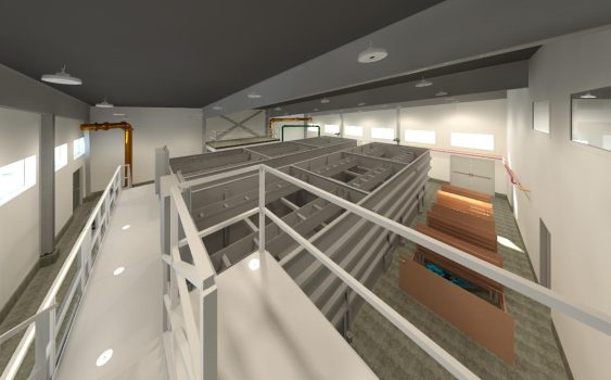 3D render of water treatment plant upflow clarifiers and filters