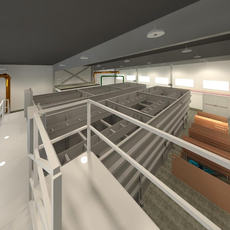 3D render of water treatment plant upflow clarifiers and filters