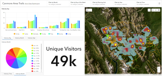 McElhanney’s data dashboard showing visitor numbers and patterns. Individual cell phone ping locations appear on more granular zoom levels.
