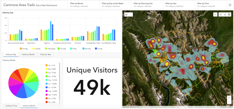 McElhanney’s data dashboard showing visitor numbers and patterns. Individual cell phone ping locations appear on more granular zoom levels.