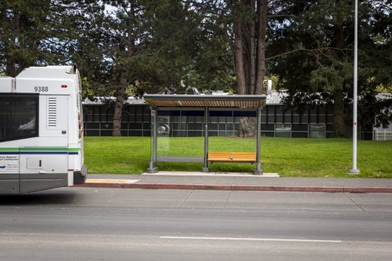A bus shelter with a wooden bench in a grassy area. The rear end of a parked bus is visible.