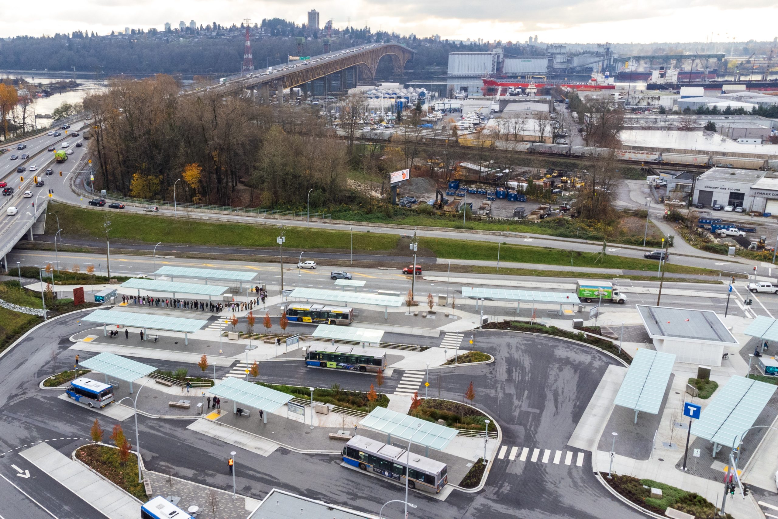 Aerial view of the Phibbs Transit Exchange showing bus platforms, shelters, and surrounding road network.