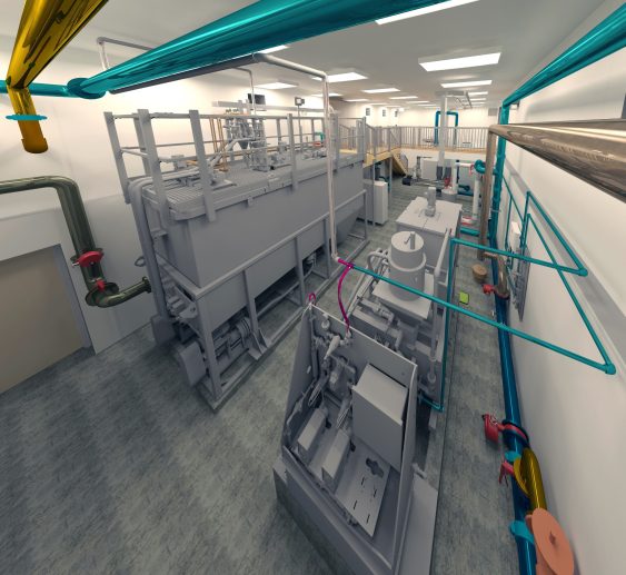 Render of interior water treatment infrastructure facility