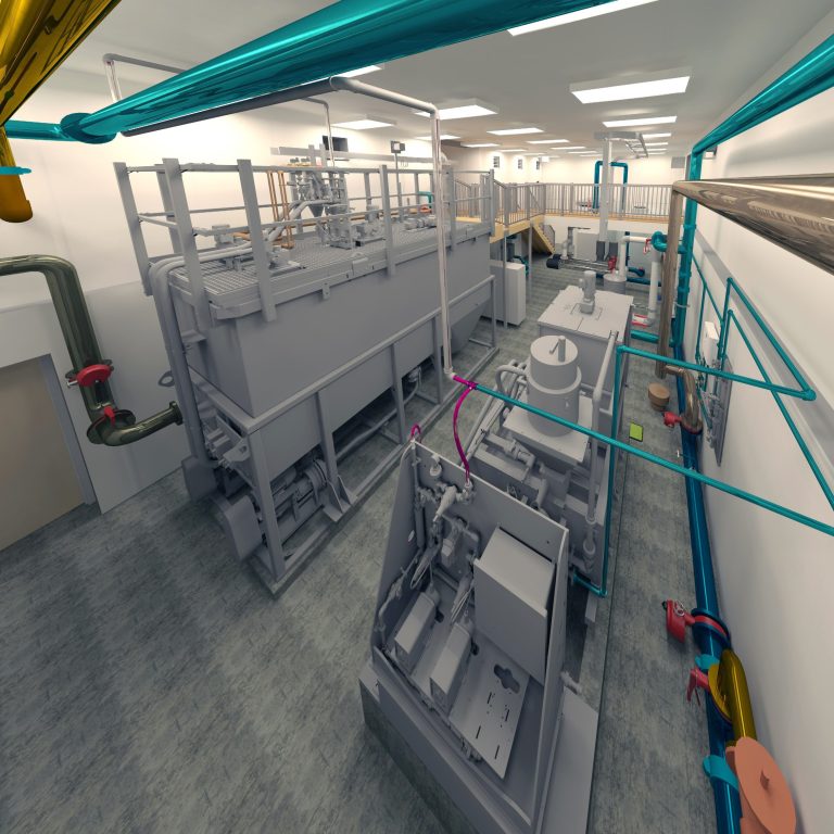Render of interior water treatment infrastructure facility