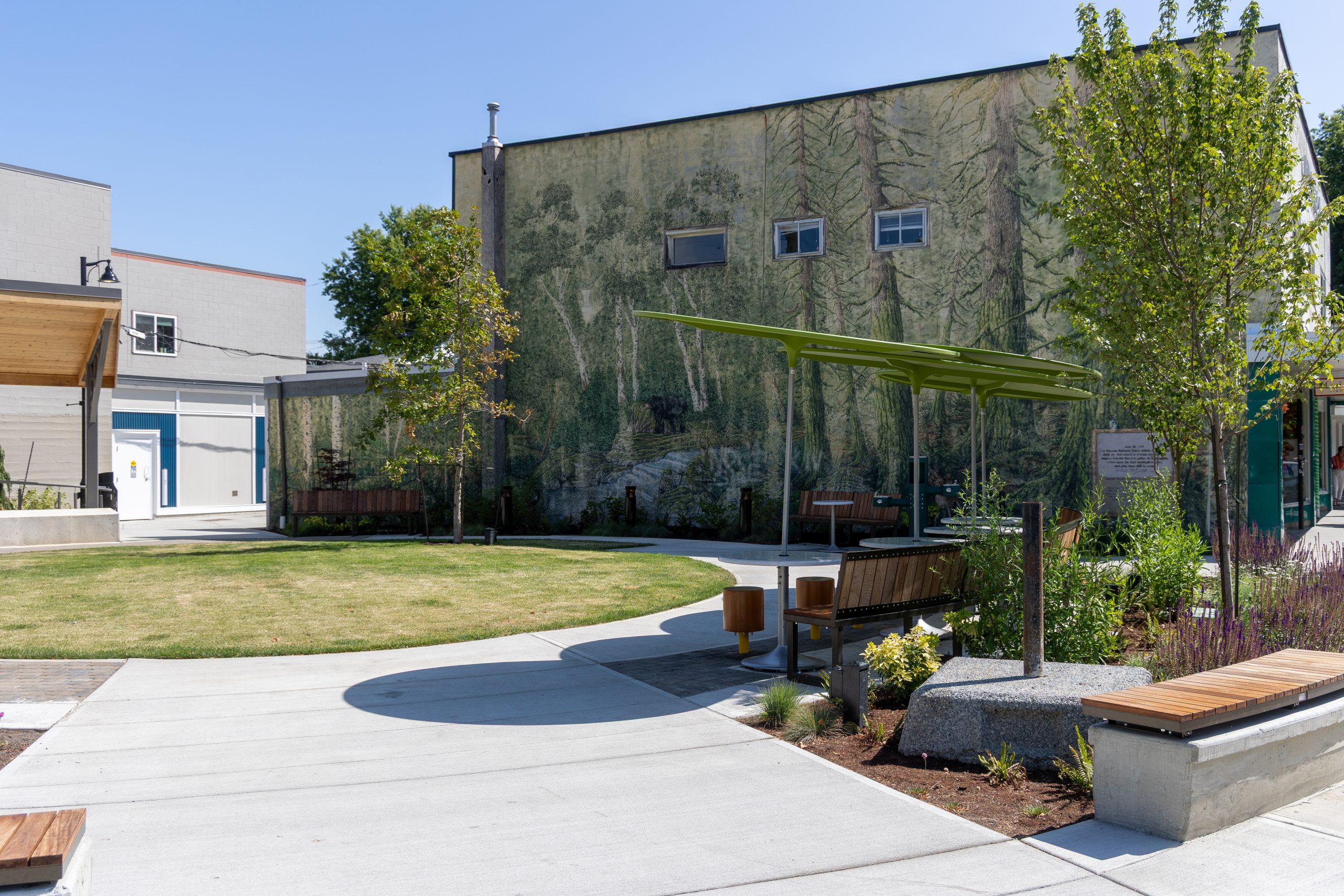 Community square with grass, benches, and a forest mural on a building wall.