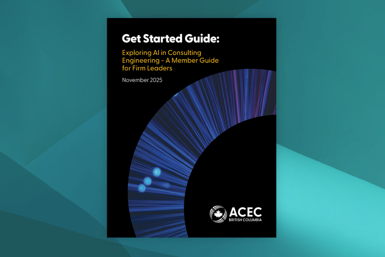 Cover of a guide titled ‘Get Started Guide: Exploring AI in Consulting Engineering – A Member Guide for Firm Leaders,’ dated November 2025. The design features a black background with a large curved graphic of blue and purple light streaks. The ACEC British Columbia logo appears at the bottom right. The cover is displayed on a teal geometric background.