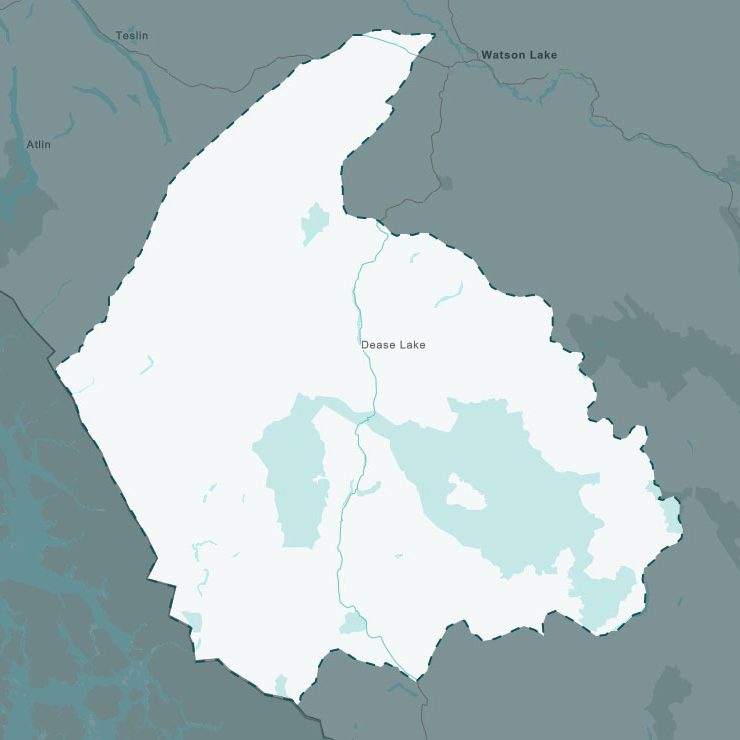 Dease Valley Industries and McElhanney Joint Venture Map Map highlighting a white‑shaded region centered on Dease Lake in northern British Columbia, with surrounding towns labeled in grey.