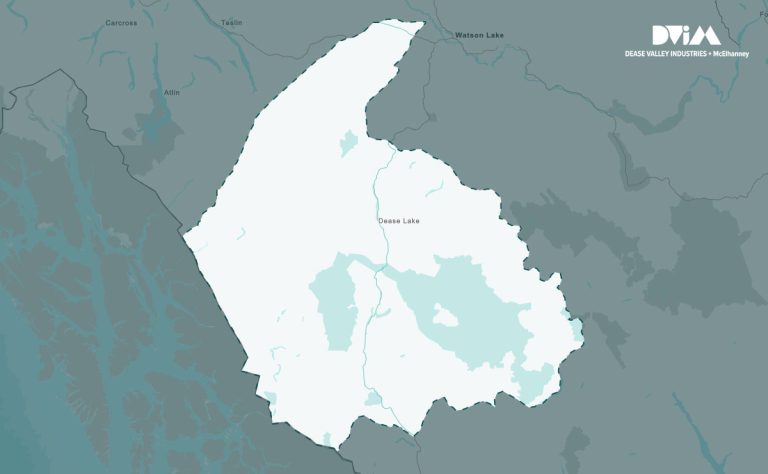 Map highlighting a white‑shaded region centered on Dease Lake in northern British Columbia, with surrounding towns labeled in grey.