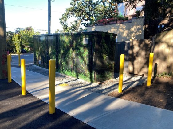 Aboveground PRV kiosk at the Wilkinson–Burnside site, surrounded by protective bollards, with multiple access doors and a nature‑themed exterior wrap.