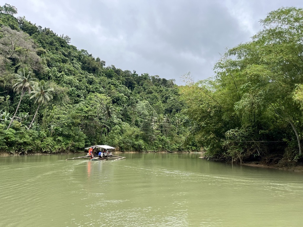 Traditional bamboo raft gliding along a calm tropical river surrounded by dense green rainforest and palm trees under an overcast sky