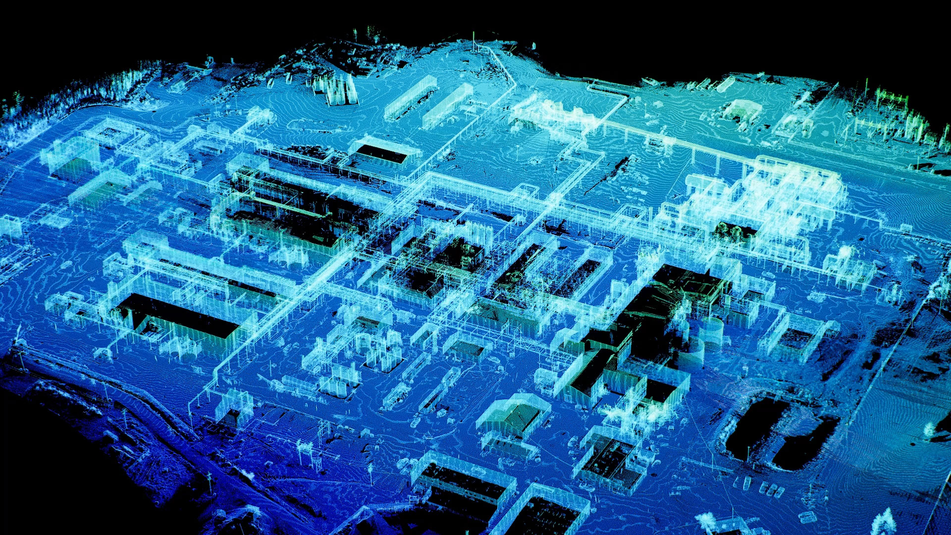 Terrestrial LiDAR data visualization showing detailed structural features at an energy facility.