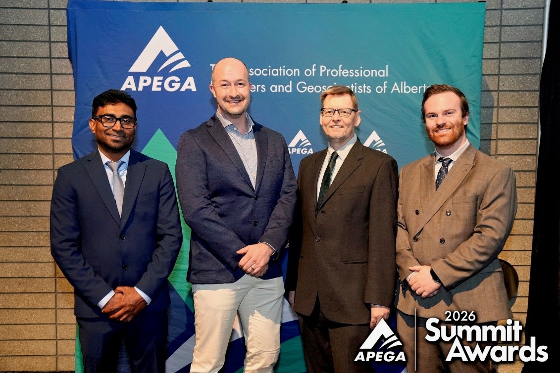 McElhanney representatives at the 2026 APEGA Summit Awards, where the Town of Sundre Wastewater Treatment Upgrade received a Project Achievement Award.