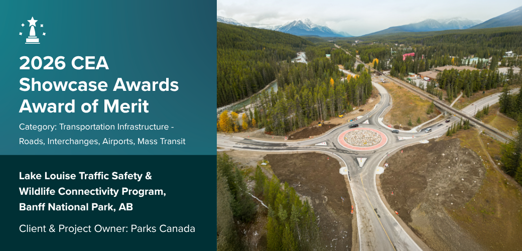 Aerial view of a roundabout and roadway improvements for the Lake Louise Traffic Safety and Wildlife Connectivity Program in Banff National Park, a 2026 CEA Showcase Award of Merit recipient.