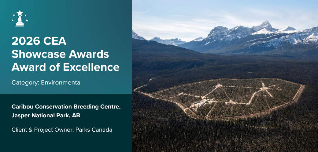 Aerial view of the Caribou Conservation Breeding Centre in Jasper National Park, recognized with a 2026 CEA Showcase Award of Excellence for environmental excellence.
