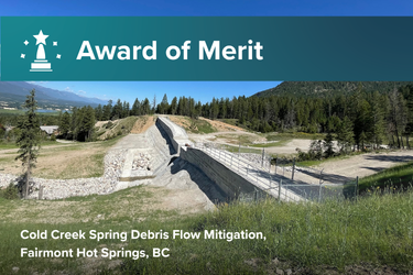 View of the Cold Spring Creek Debris Flow Mitigation infrastructure near Fairmont Hot Springs, BC, recognized with an Award of Merit at the 2026 ACEC-BC Awards Gala.