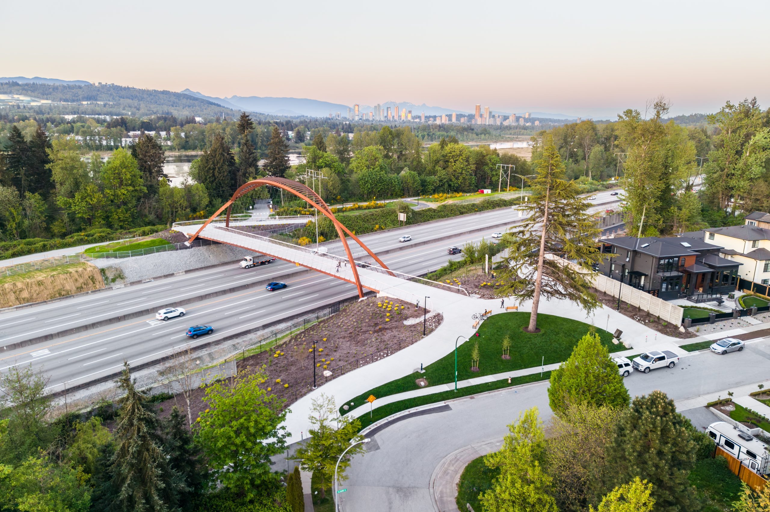 Burnaby Lake Pedestrian Bridge Aerial View Aerial view of the Burnaby Lake Pedestrian Bridge and surrounding parkland in Burnaby, B.C.