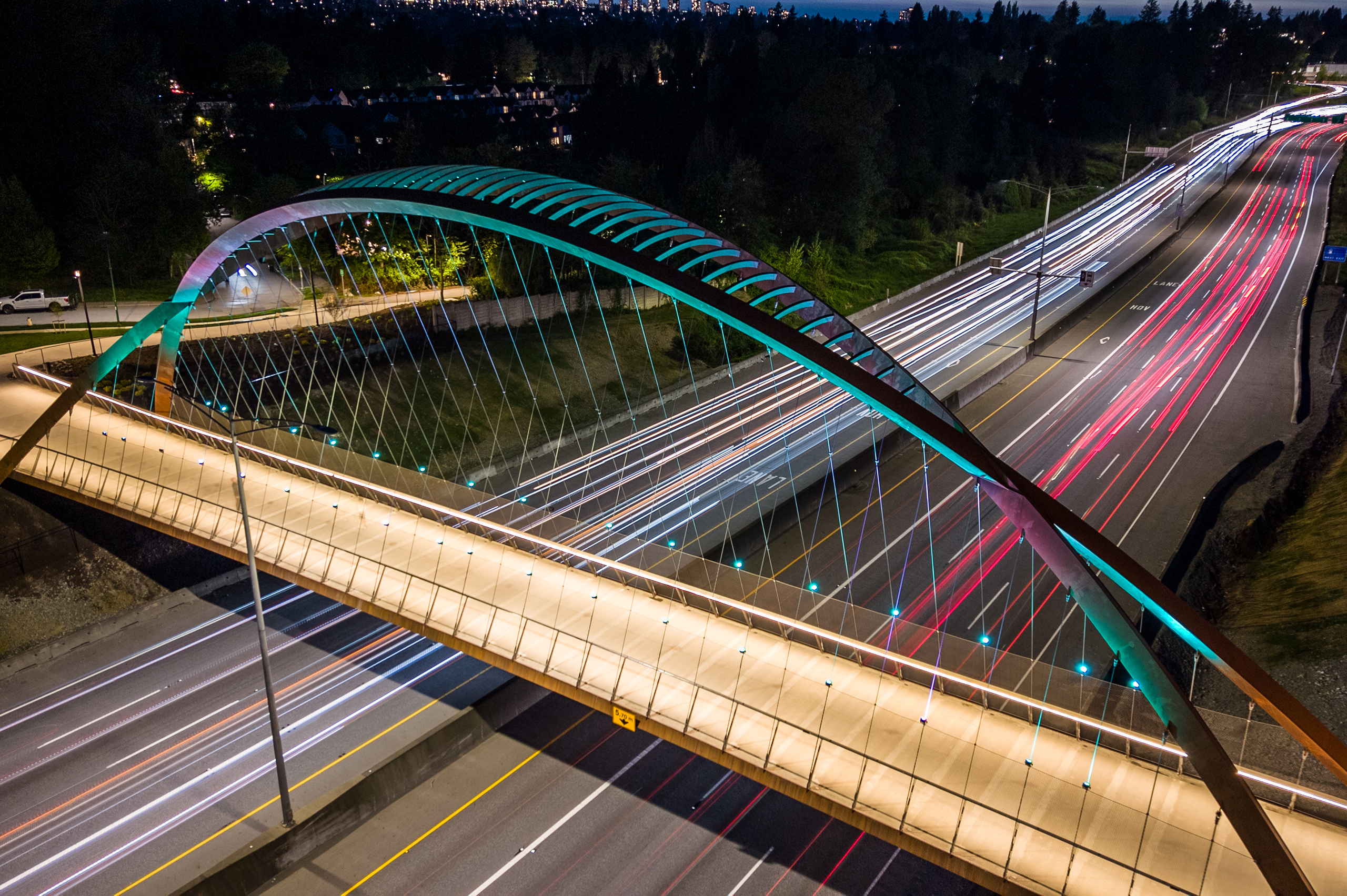 Burnaby Lake Pedestrian Bridge Night Aerial View Aerial night view of the Burnaby Lake Pedestrian Bridge in Burnaby, B.C.
