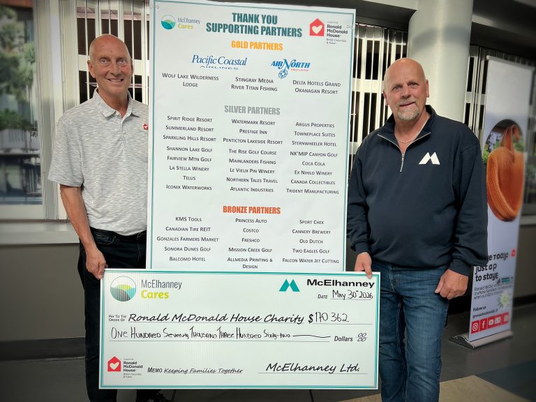 Tournament Manager Brad Elenko and Ronald McDonald House BC & Yukon CEO Richard Pass holding a donation cheque at the McElhanney Cares Tournament.