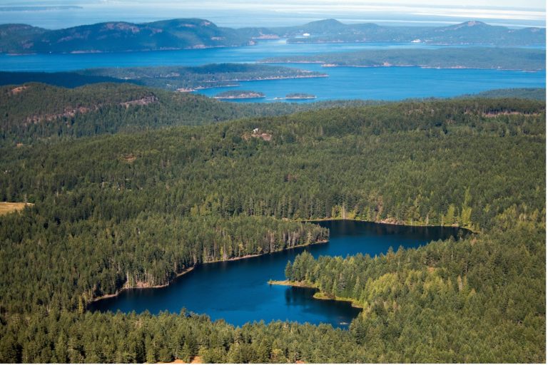 Aerial view of coastal forest with islands, lake, and blue ocean in the background.