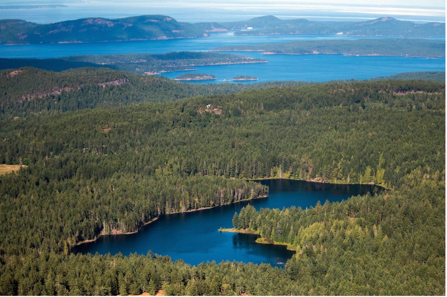 Maxwell Lake Aerial view of coastal forest with islands, lake, and blue ocean in the background.