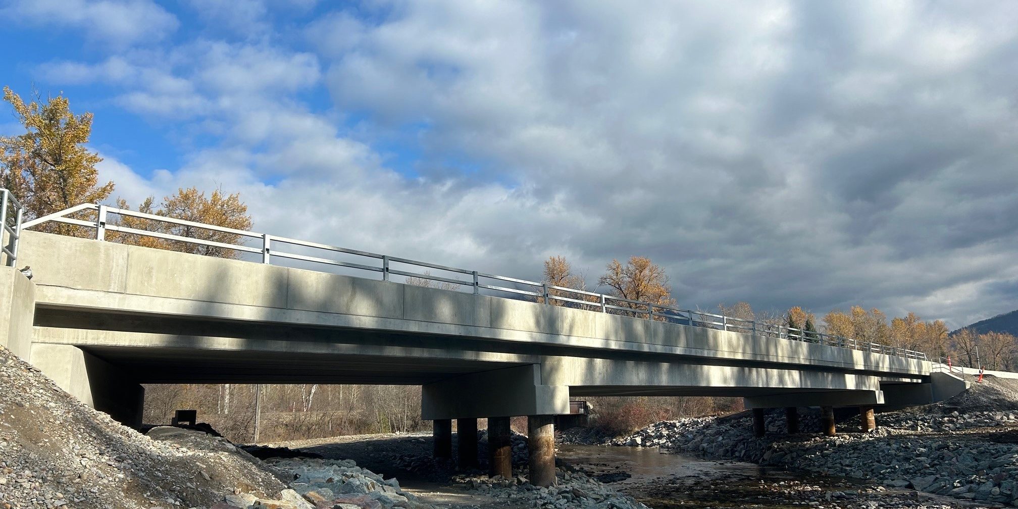 New highway bridge crossing Big Sand Creek in Jaffray, British Columbia, constructed as part of the Highway 3 bridge replacement and corridor improvement project.