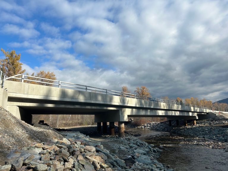 New highway bridge crossing Big Sand Creek in Jaffray, British Columbia, constructed as part of the Highway 3 bridge replacement and corridor improvement project.