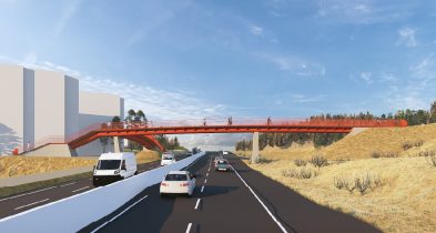 Concept rendering of the proposed Summit Drive Pedestrian Bridge spanning a roadway corridor near Thompson Rivers University in Kamloops, British Columbia.