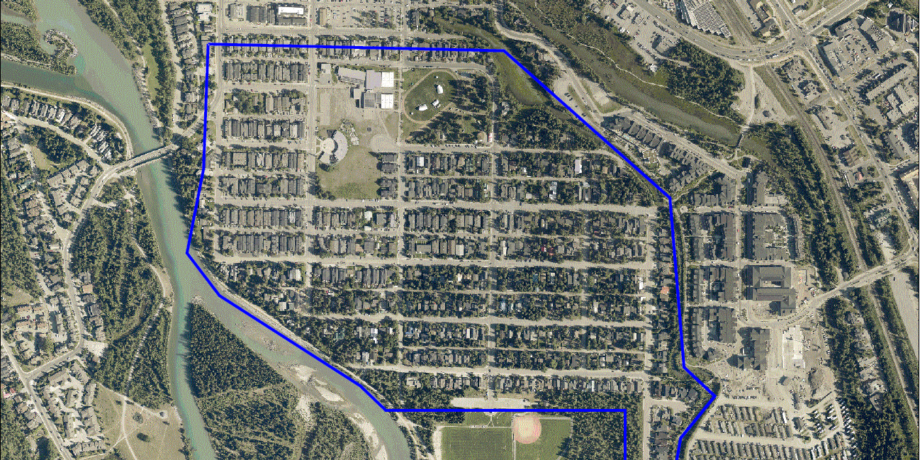Aerial map of South Canmore with project boundary highlighting neighbourhood streets and infrastructure area slated for deep utility upgrades