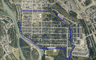 Aerial map of South Canmore with project boundary highlighting neighbourhood streets and infrastructure area slated for deep utility upgrades