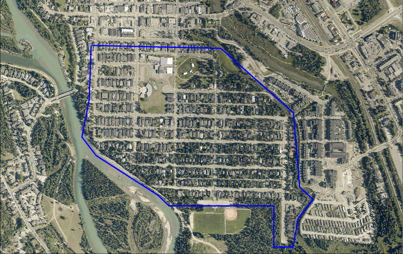 Aerial view of South Canmore Aerial map of South Canmore with project boundary highlighting neighbourhood streets and infrastructure area slated for deep utility upgrades
