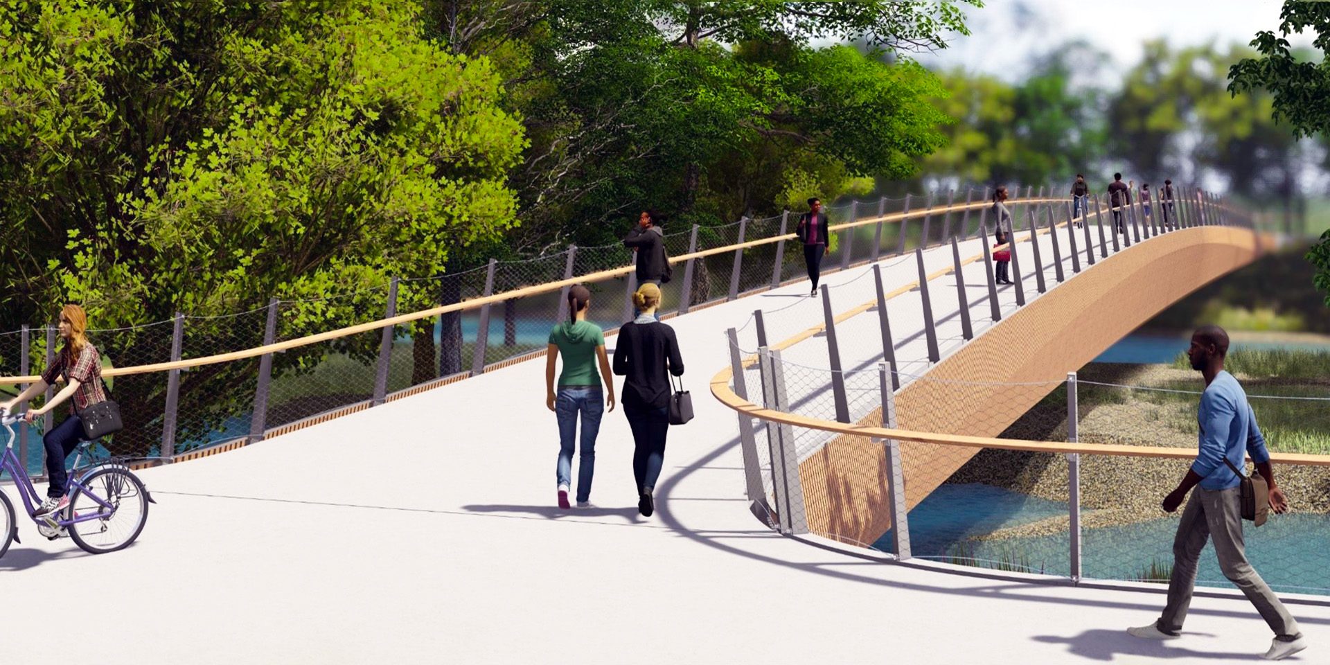 Rendering of the new McAllister modern pedestrian bridge replacement improving safety and accessibility for community users