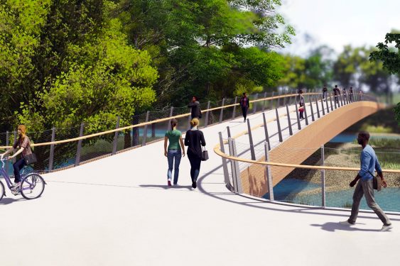 Concept rendering of the proposed McAllister Pedestrian Bridge replacement showing pedestrians and cyclists using a new active transportation crossing in a natural park setting.