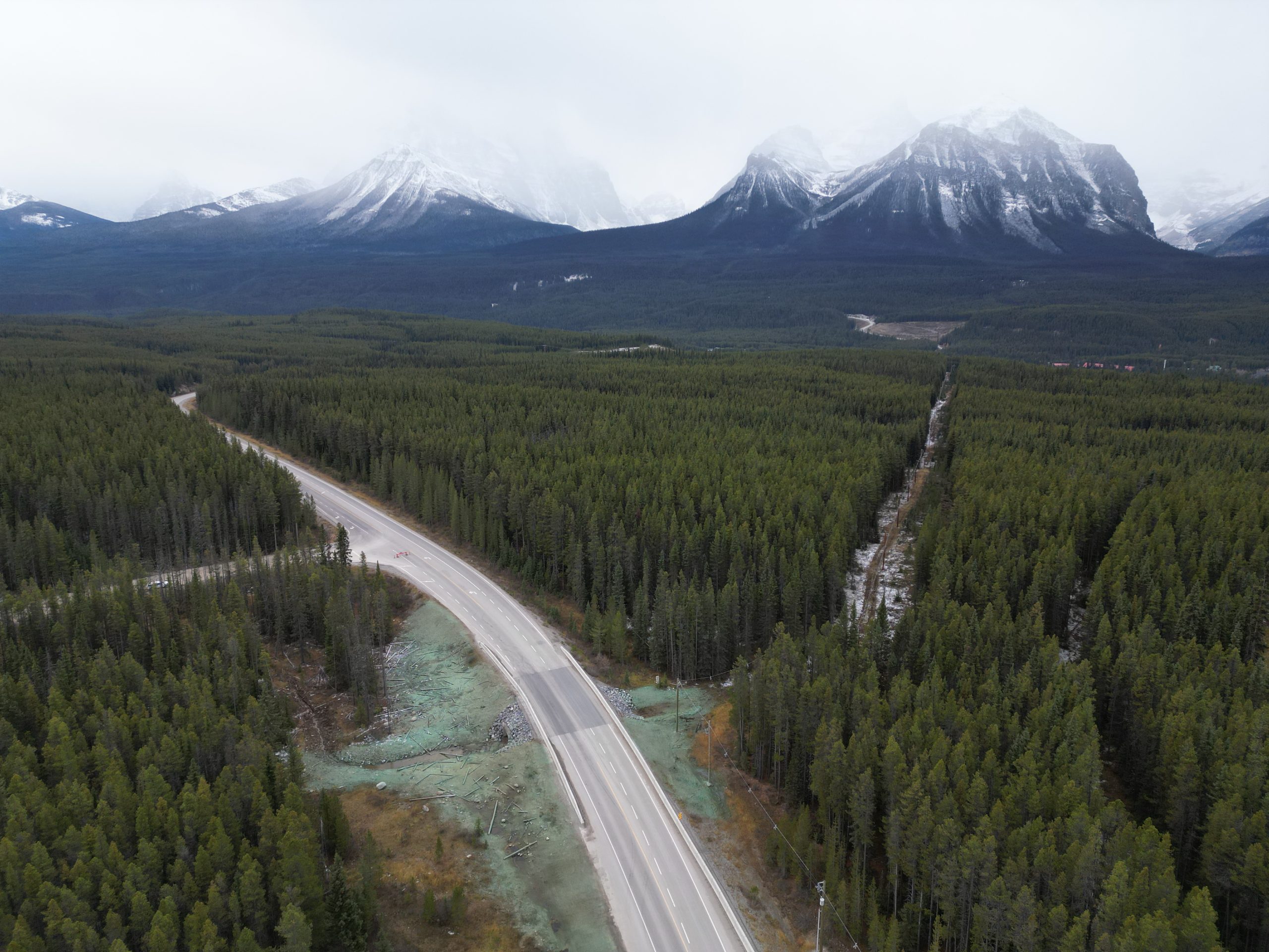 Aerial view of the Lake Louise corridor Aerial view of highway corridor and wildlife underpass location in forested area near Lake Louise