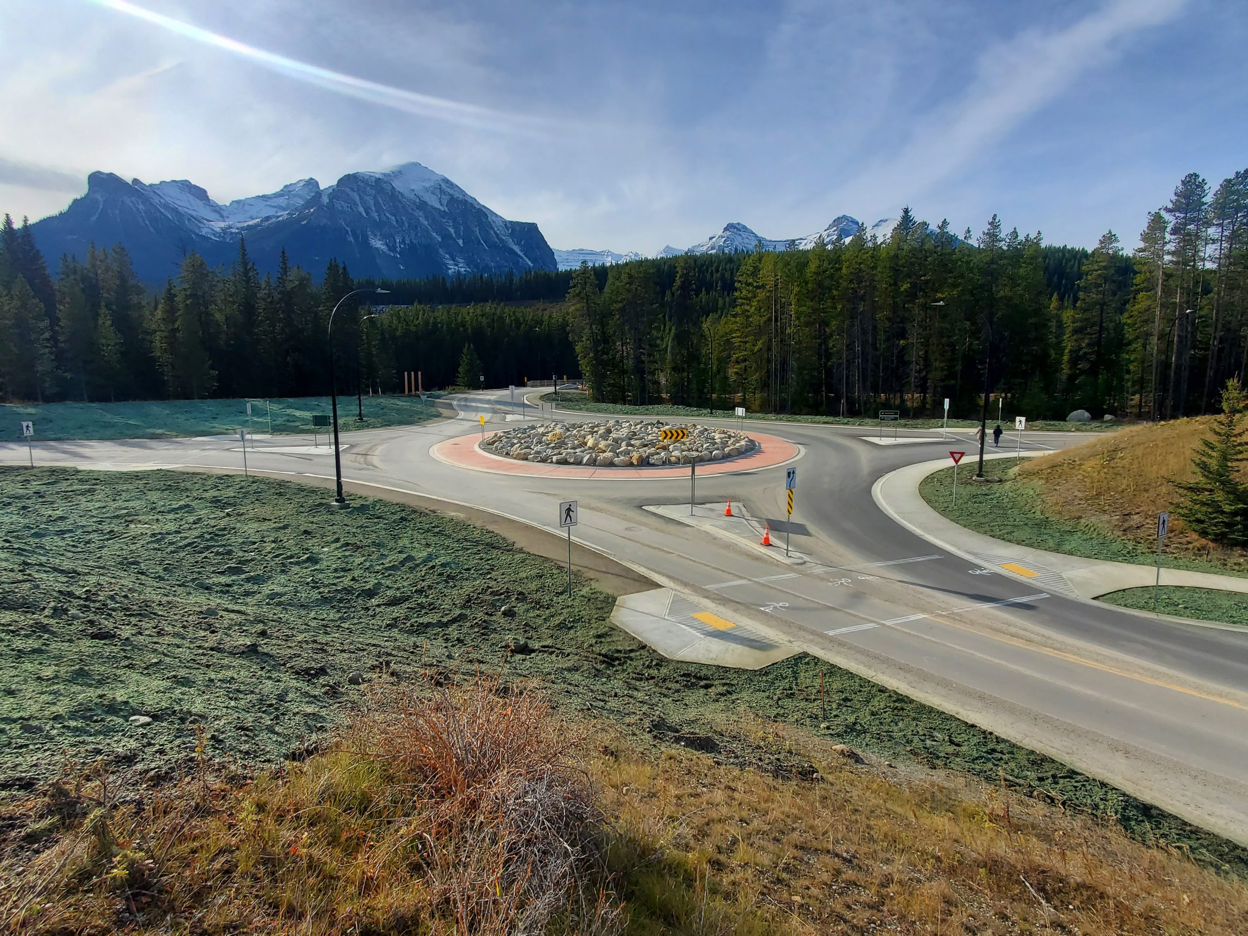 Completed roundabout at Lake Louise Drive Modern roundabout at Lake Louise Drive and Sentinel Road improving traffic flow and safety