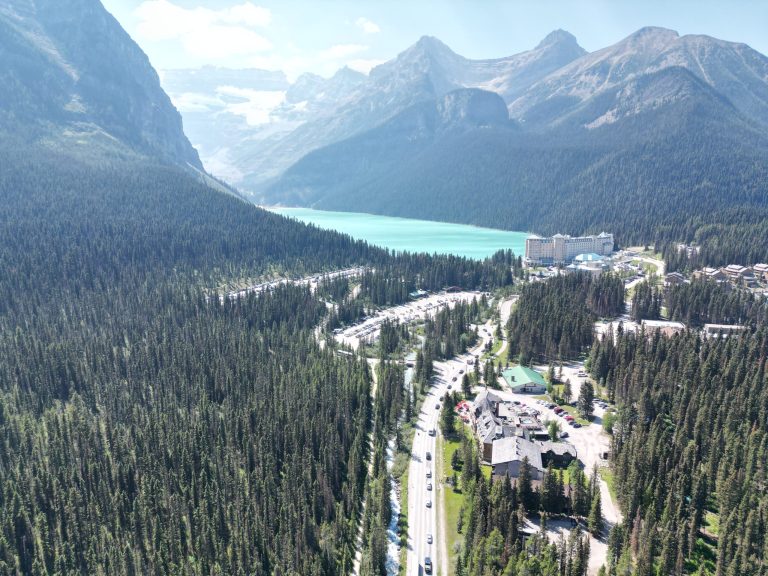 Aerial view of Lake Louise Aerial view of Lake Louise, visitor parking areas, and Fairmont Chateau Lake Louise in Banff National Park