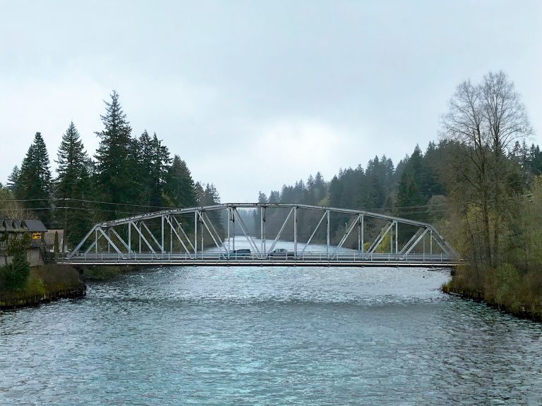 Historic steel truss bridge crossing the Campbell River in British Columbia as part of a seismic and condition renewal project.