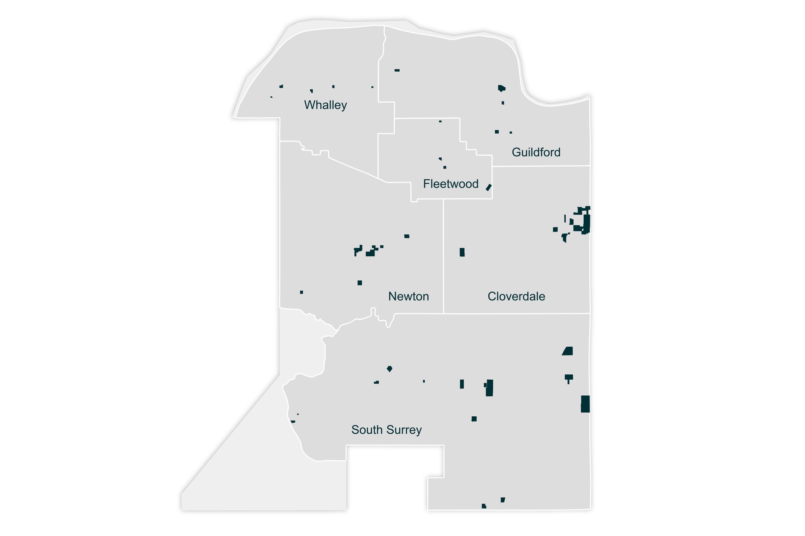 Map illustrating McElhanney project locations across Surrey Map showing commercial land development experience throughout Surrey, British Columbia.