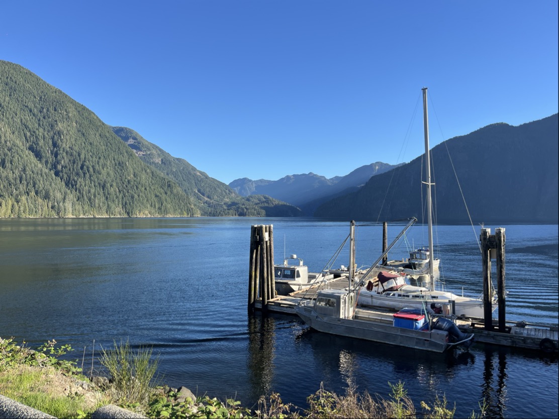 Mowachaht Muchalaht First Nation territory in Ahaminaquus Small marina with several boats moored on calm water, surrounded by forested mountains under a clear blue sky.